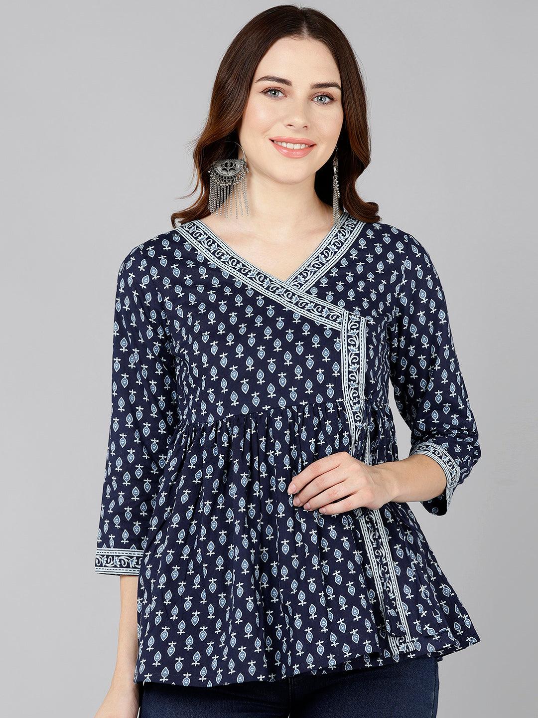 White Printed Blue Angrakha Style Top - Znxclothing