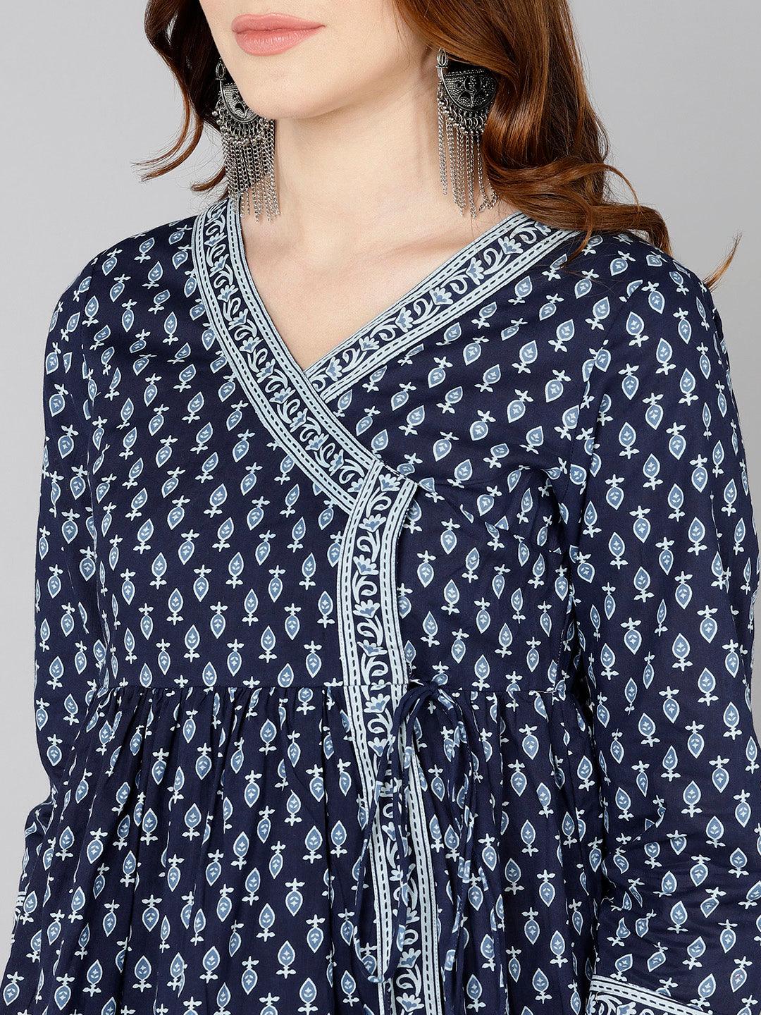 White Printed Blue Angrakha Style Top - Znxclothing