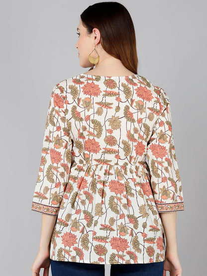 Floral Printed Cream Cotton Top - Znxclothing