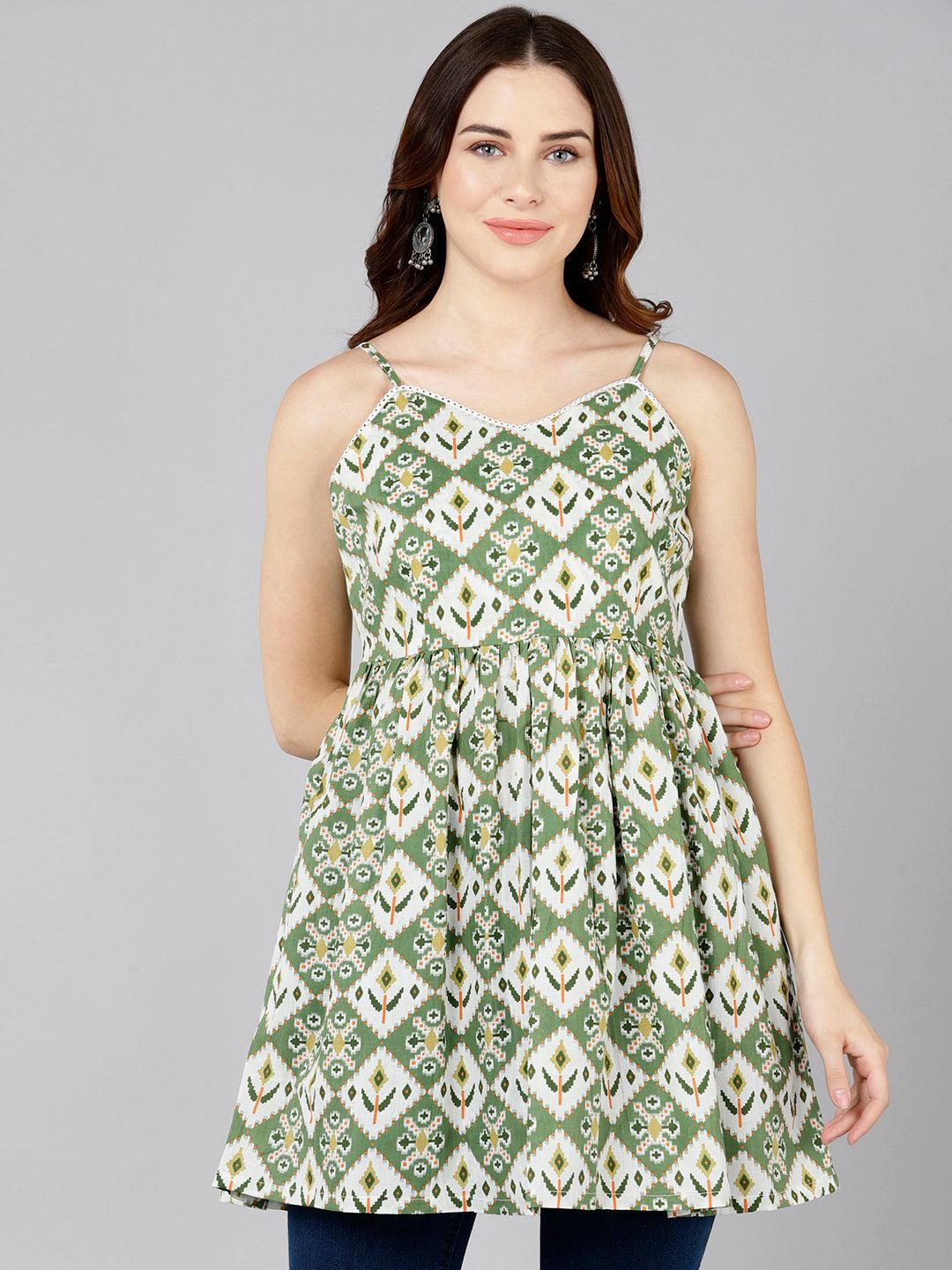 Green Ikat Floral Printed Sleeveless Top - Znxclothing
