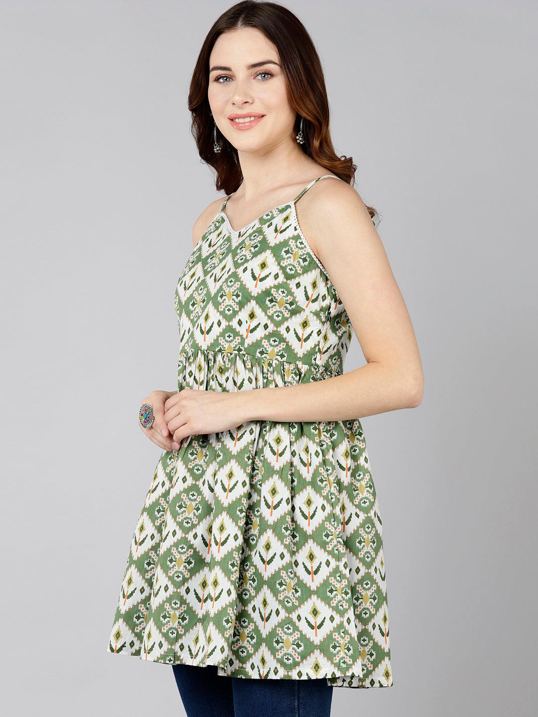 Green Ikat Floral Printed Sleeveless Top - Znxclothing