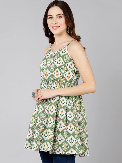 Green Ikat Floral Printed Sleeveless Top - Znxclothing