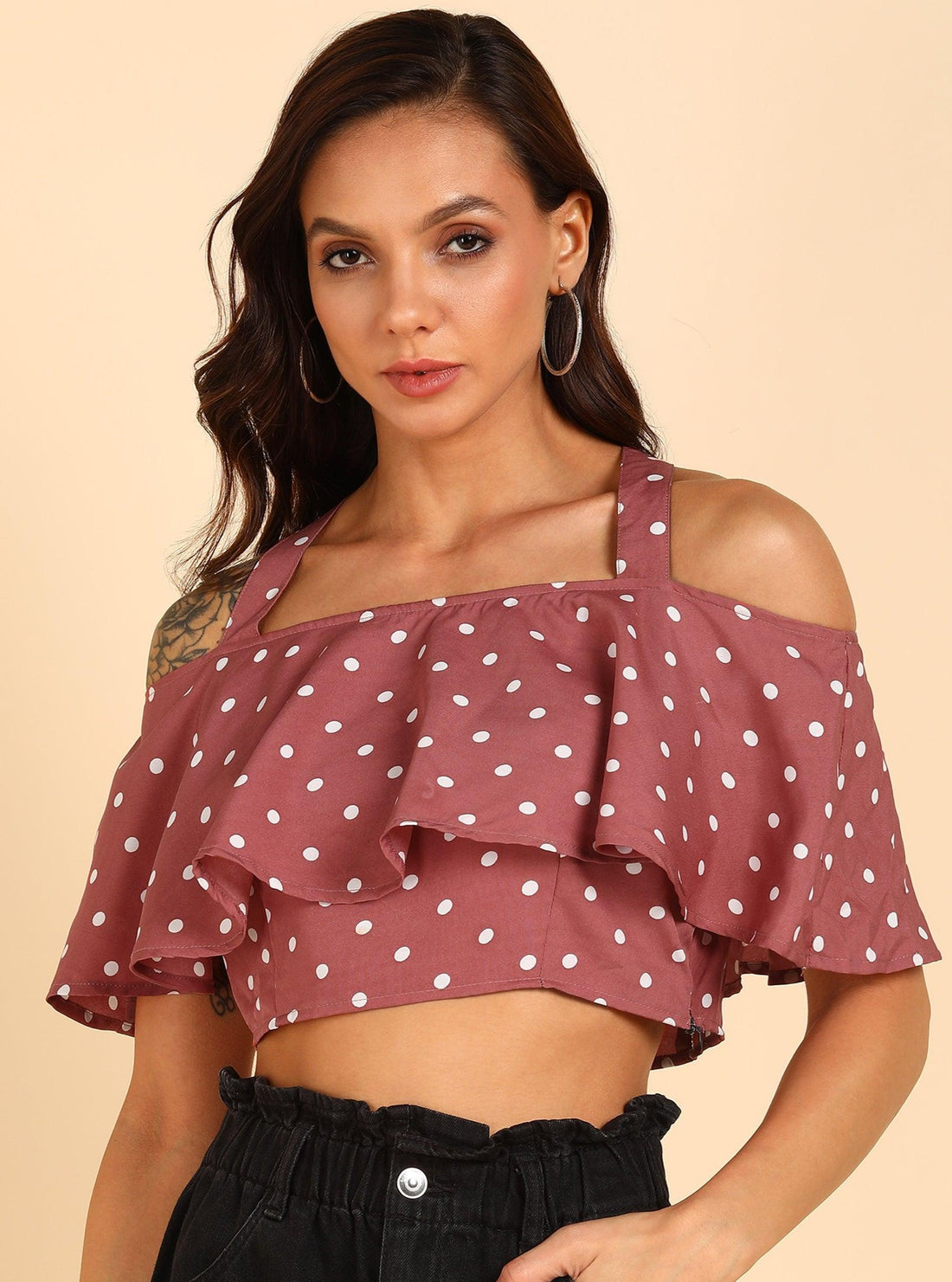 White Polka Dot Printed Pink Crop Top - Znxclothing