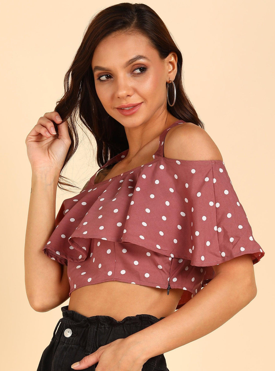 White Polka Dot Printed Pink Crop Top - Znxclothing