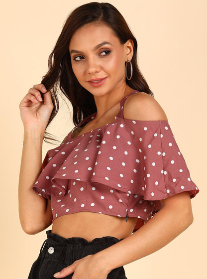 White Polka Dot Printed Pink Crop Top - Znxclothing