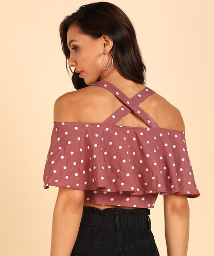 White Polka Dot Printed Pink Crop Top - Znxclothing