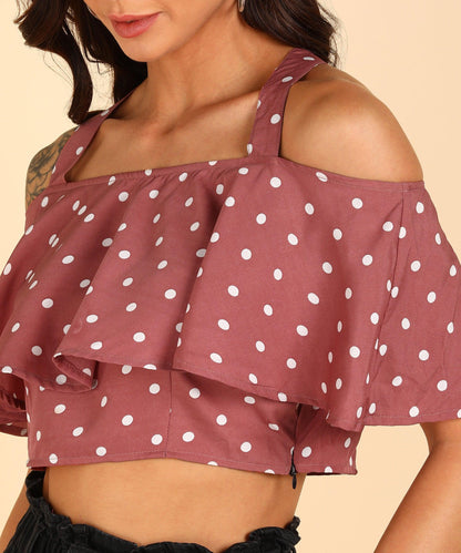 White Polka Dot Printed Pink Crop Top - Znxclothing
