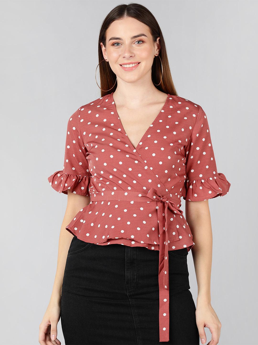 White Polka Dot  Printed Pink Wrap Top - Znxclothing