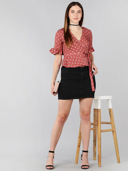 White Polka Dot  Printed Pink Wrap Top - Znxclothing