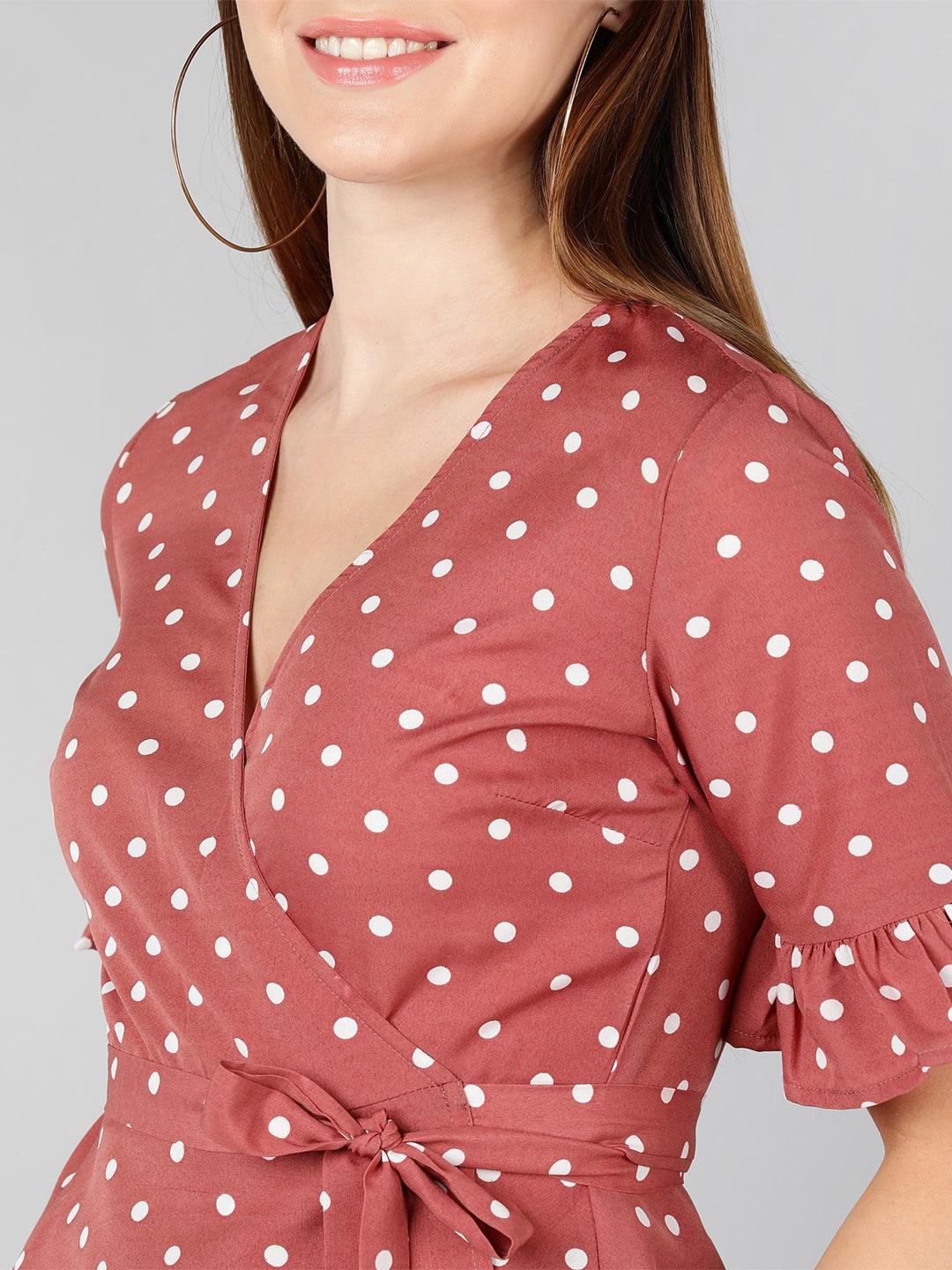 White Polka Dot  Printed Pink Wrap Top - Znxclothing
