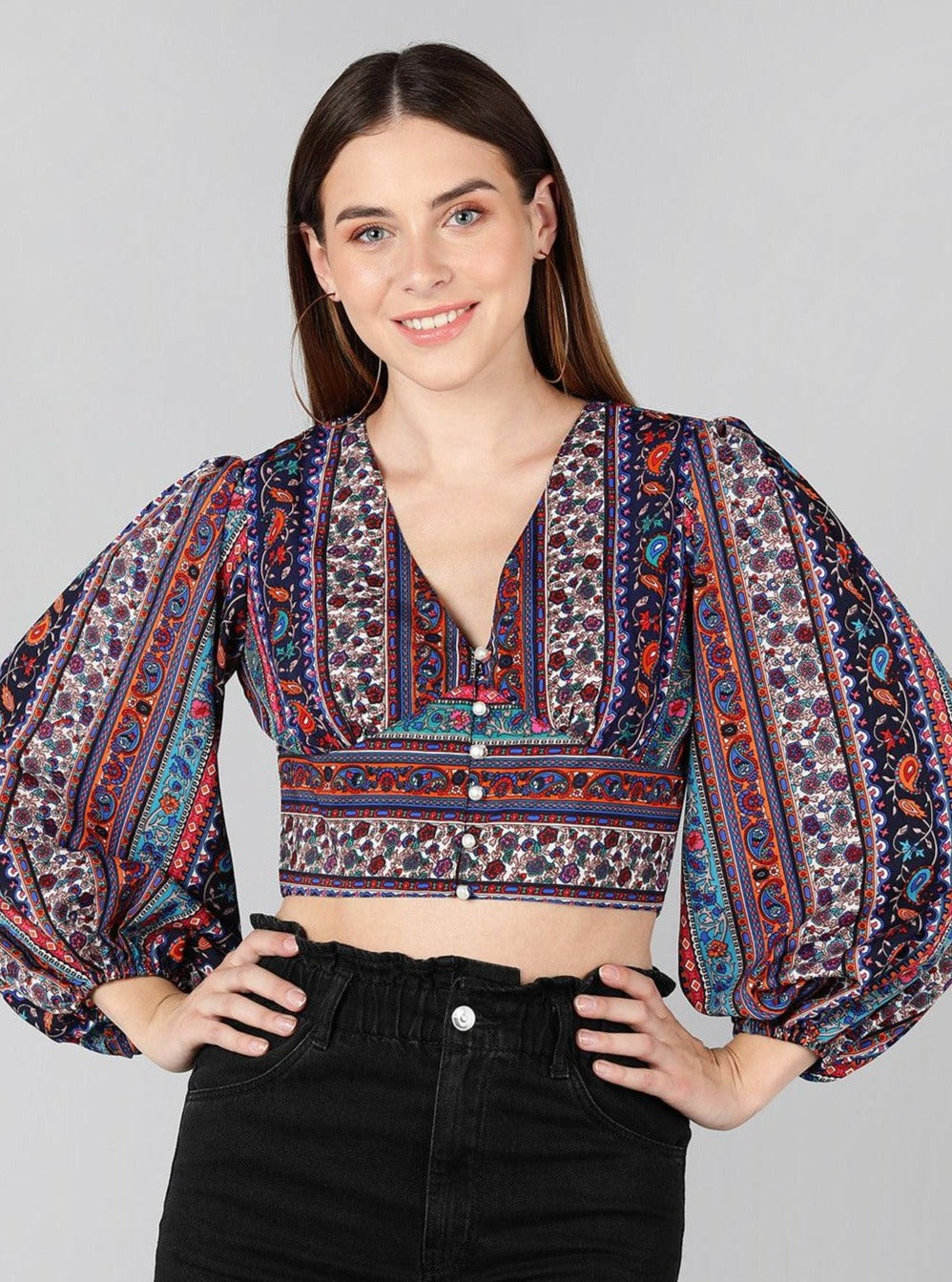 Multicolor Printed Crepe Crop Top - Znxclothing