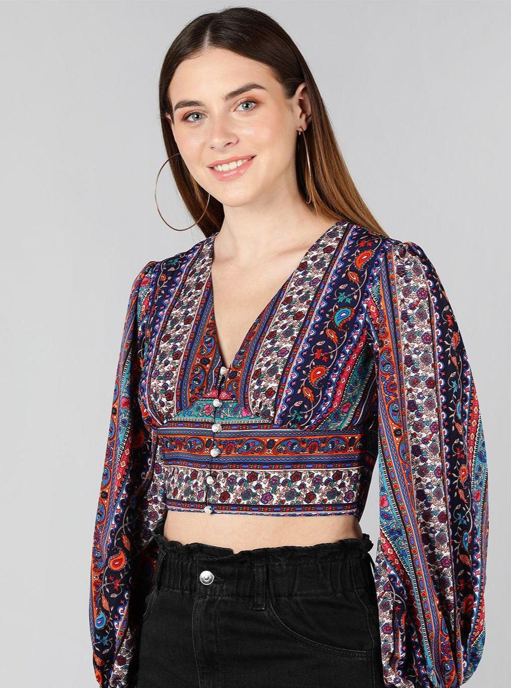 Multicolor Printed Crepe Crop Top - Znxclothing