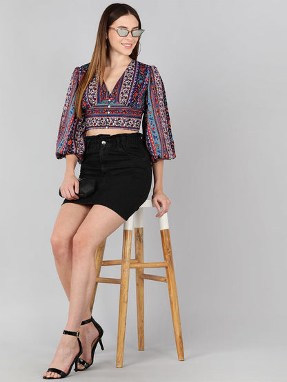 Multicolor Printed Crepe Crop Top - Znxclothing