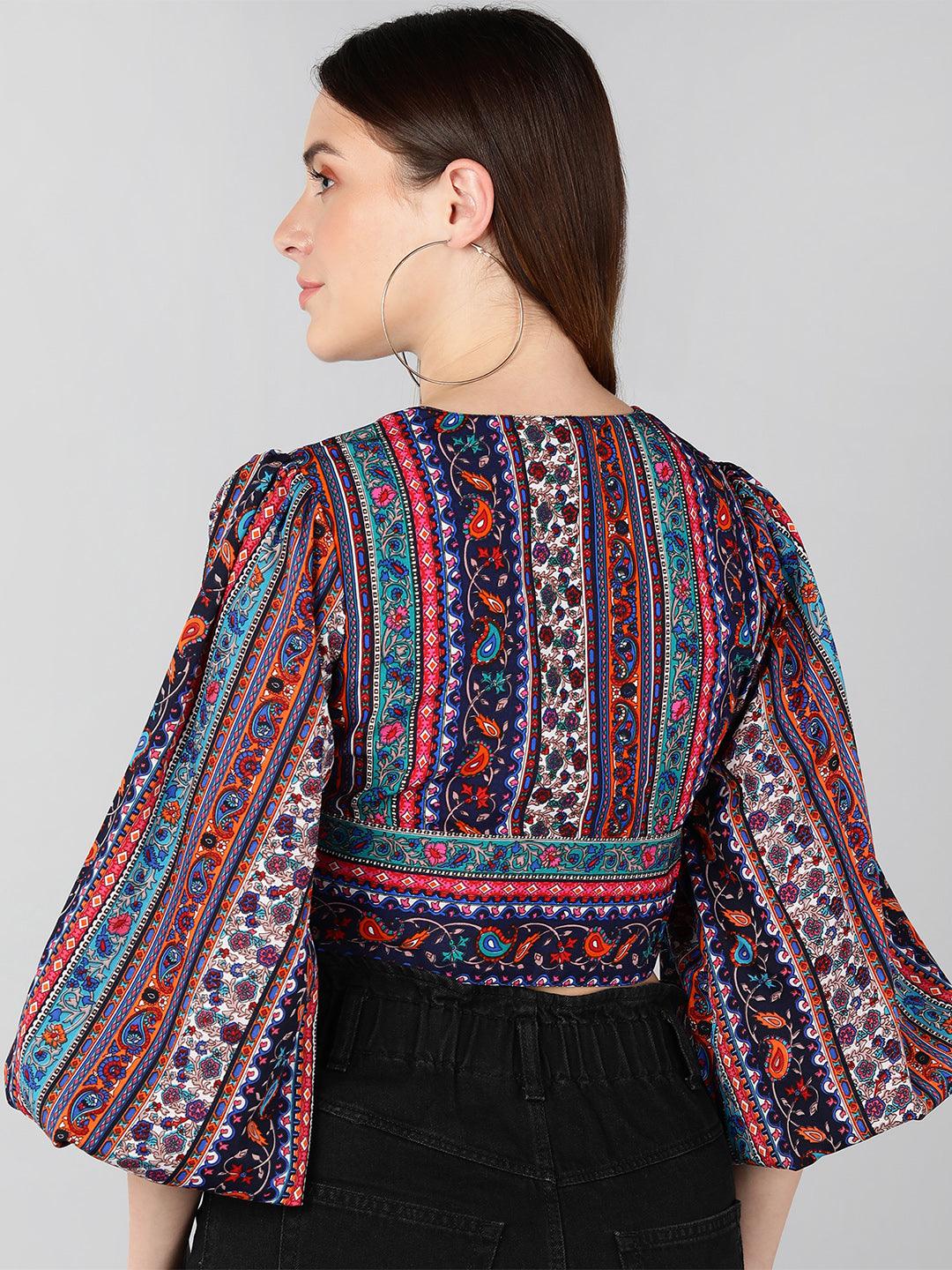 Multicolor Printed Crepe Crop Top - Znxclothing