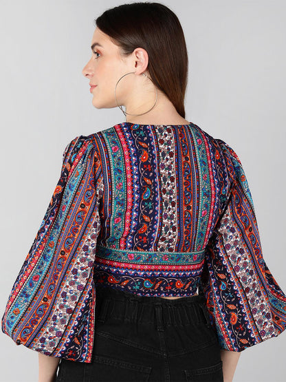 Multicolor Printed Crepe Crop Top - Znxclothing