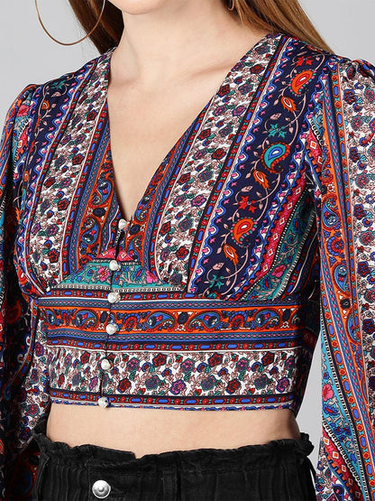 Multicolor Printed Crepe Crop Top - Znxclothing
