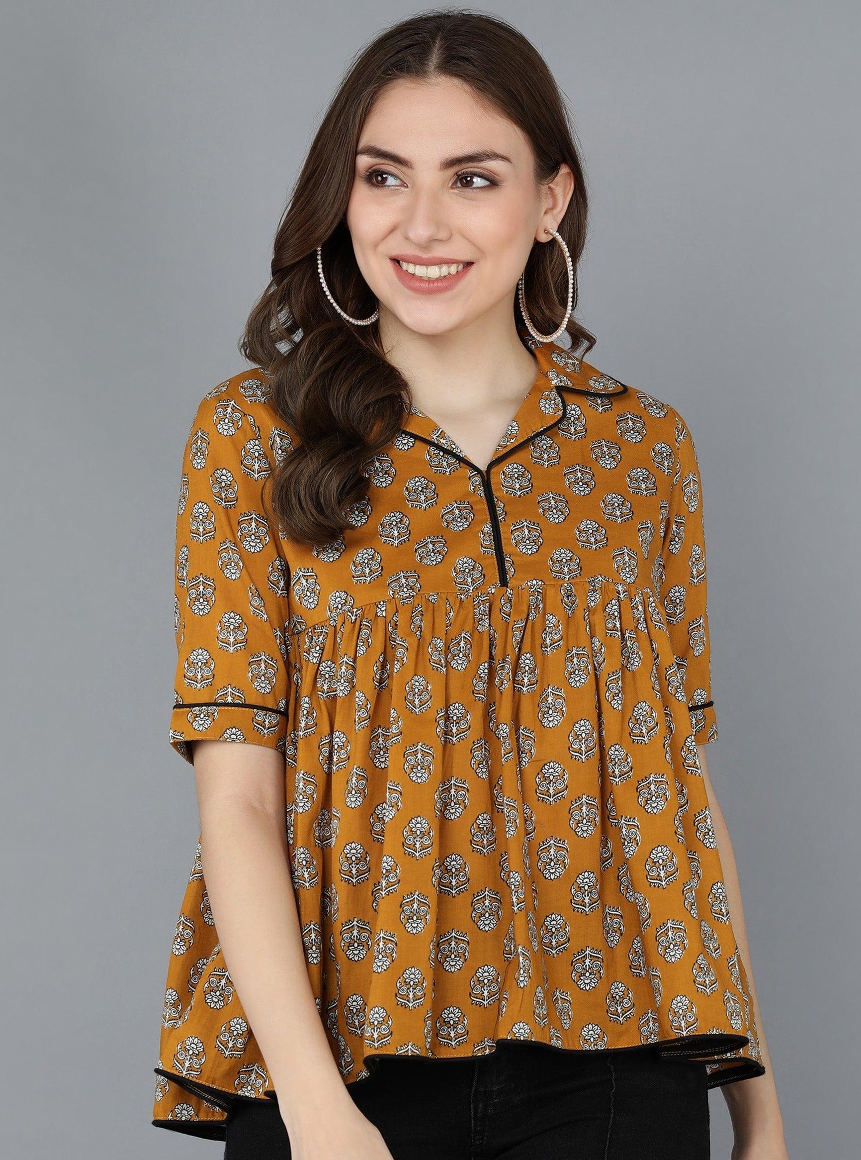 Floral Printed Mustard Top - Znxclothing