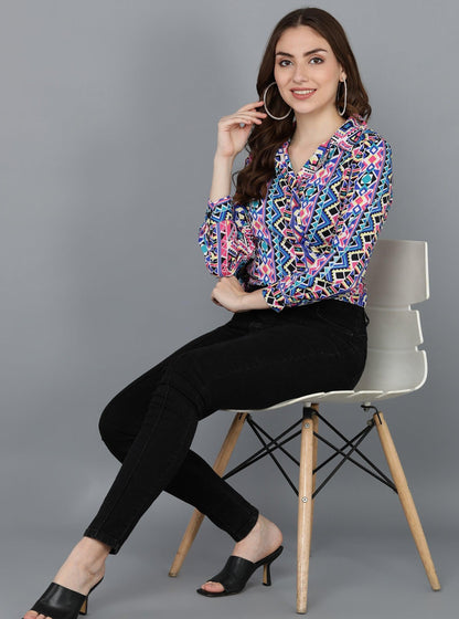 Geometrical Printed Multicolor Wrap Top - Znxclothing