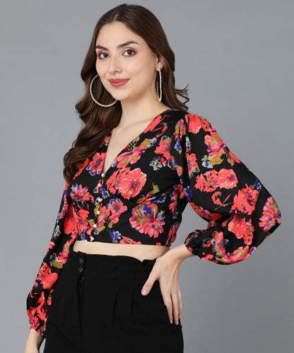 Red Floral Printed Black Crop Top - Znxclothing