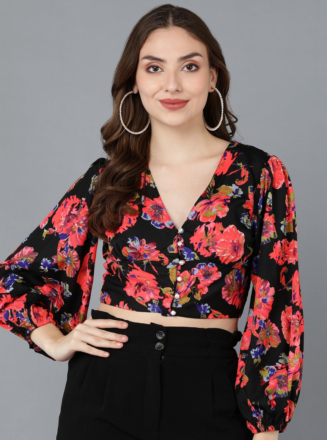 Red Floral Printed Black Crop Top - Znxclothing