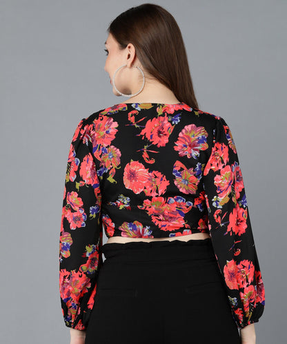 Red Floral Printed Black Crop Top - Znxclothing
