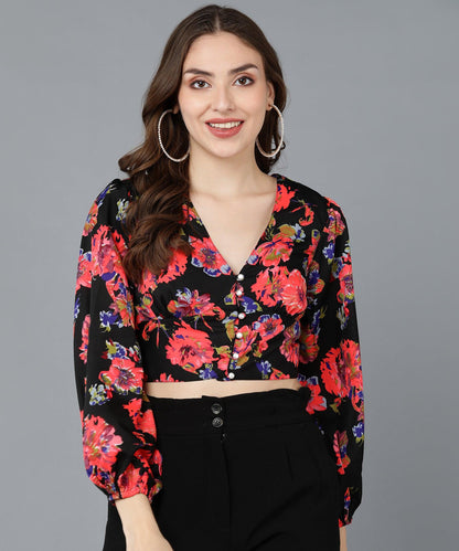 Red Floral Printed Black Crop Top - Znxclothing