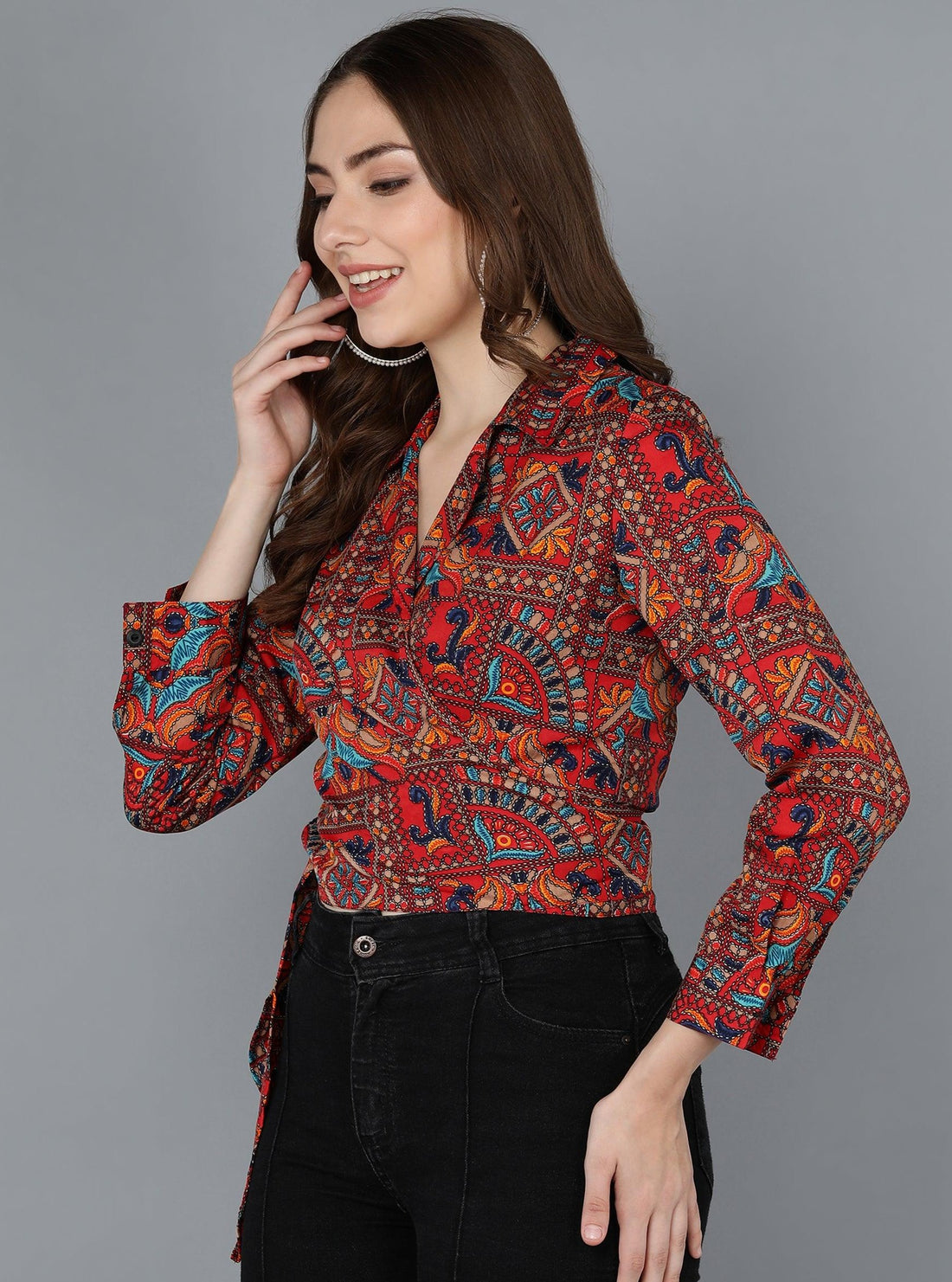 Ethnic Print Printed Red Wrap Top - Znxclothing