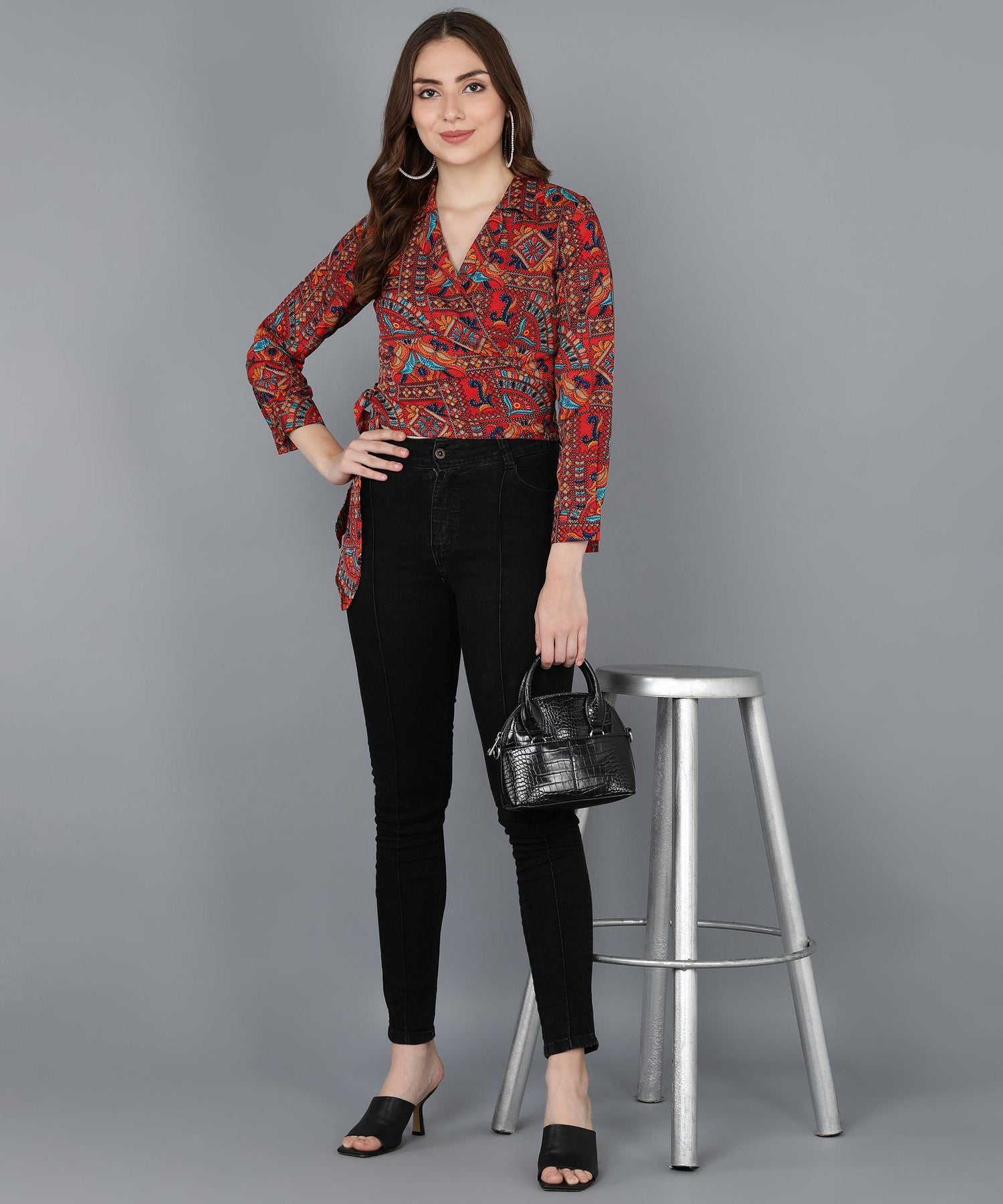 Ethnic Print Printed Red Wrap Top - Znxclothing