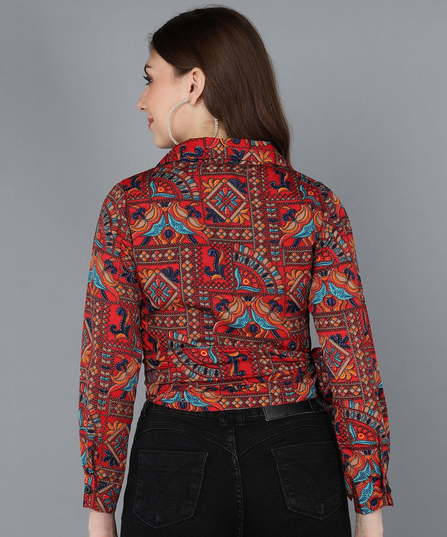 Ethnic Print Printed Red Wrap Top - Znxclothing