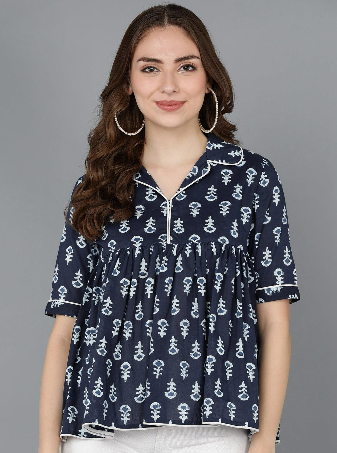 Floral Printed Indigo Blue Top - Znxclothing