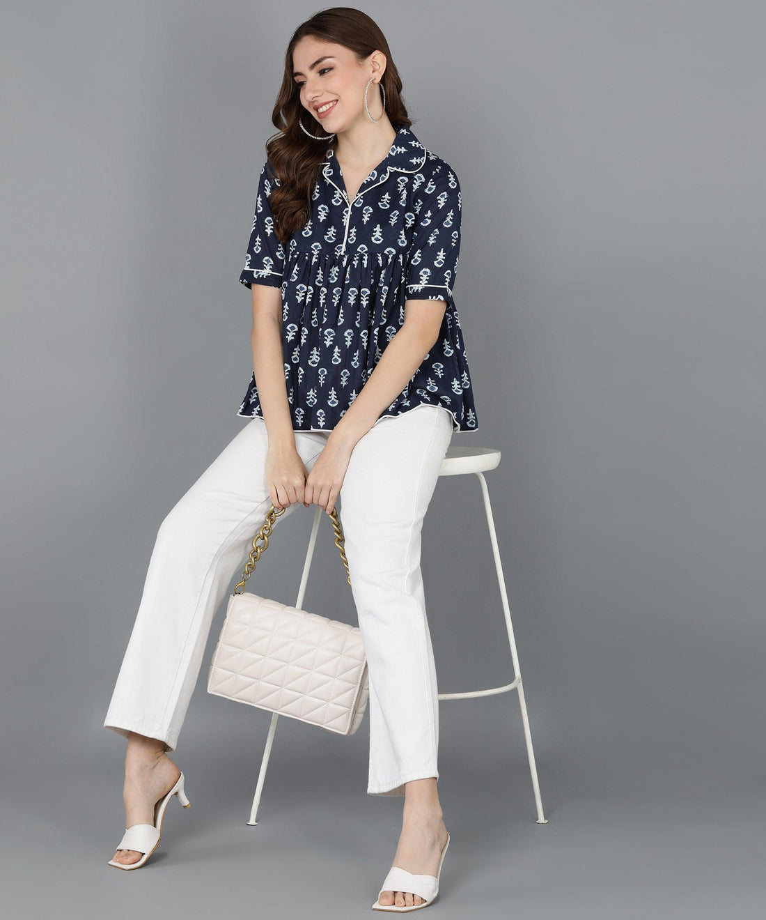 Floral Printed Indigo Blue Top - Znxclothing