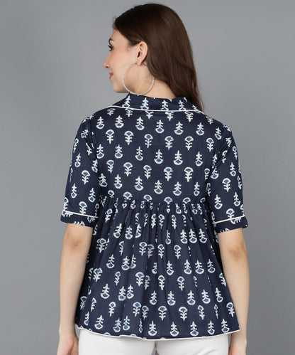 Floral Printed Indigo Blue Top - Znxclothing