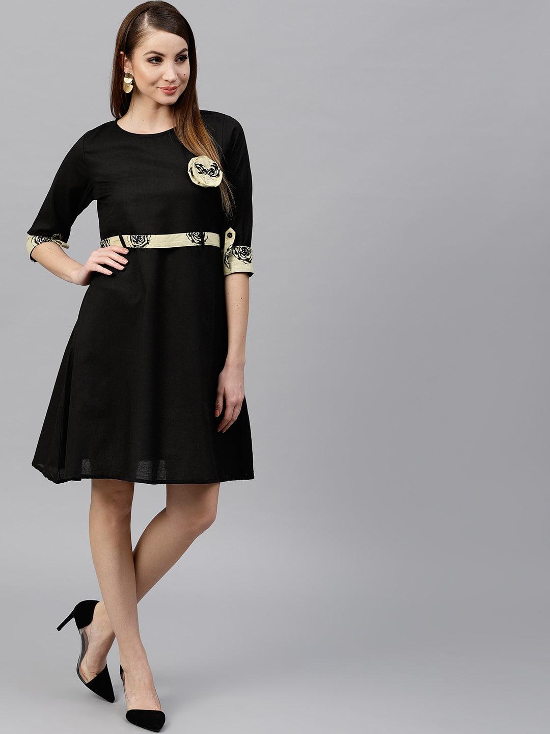 Black Solid Skater Dress With Printed Belt Details (Fully Stitched) - Znxclothing