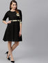 Black Solid Skater Dress With Printed Belt Details (Fully Stitched) - Znxclothing