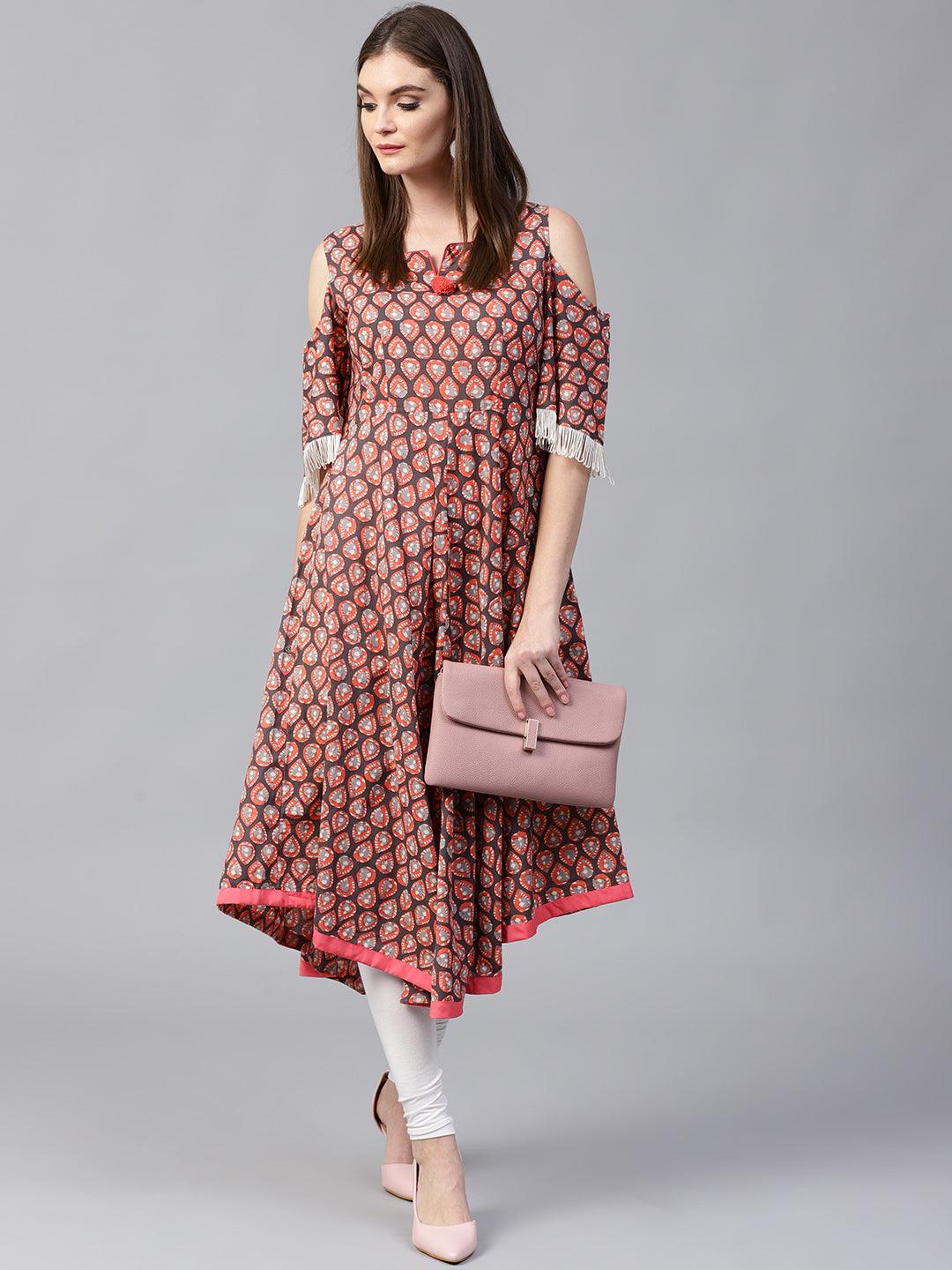 Grey &amp; Coral Pink Printed A-Line Kurta - Znxclothing