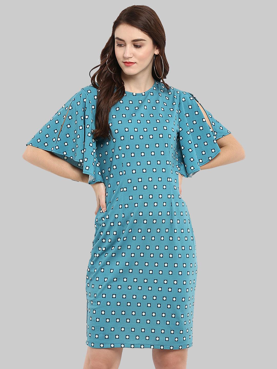 Green Printed Slit Sleeves Sheath Dress - Znxclothing