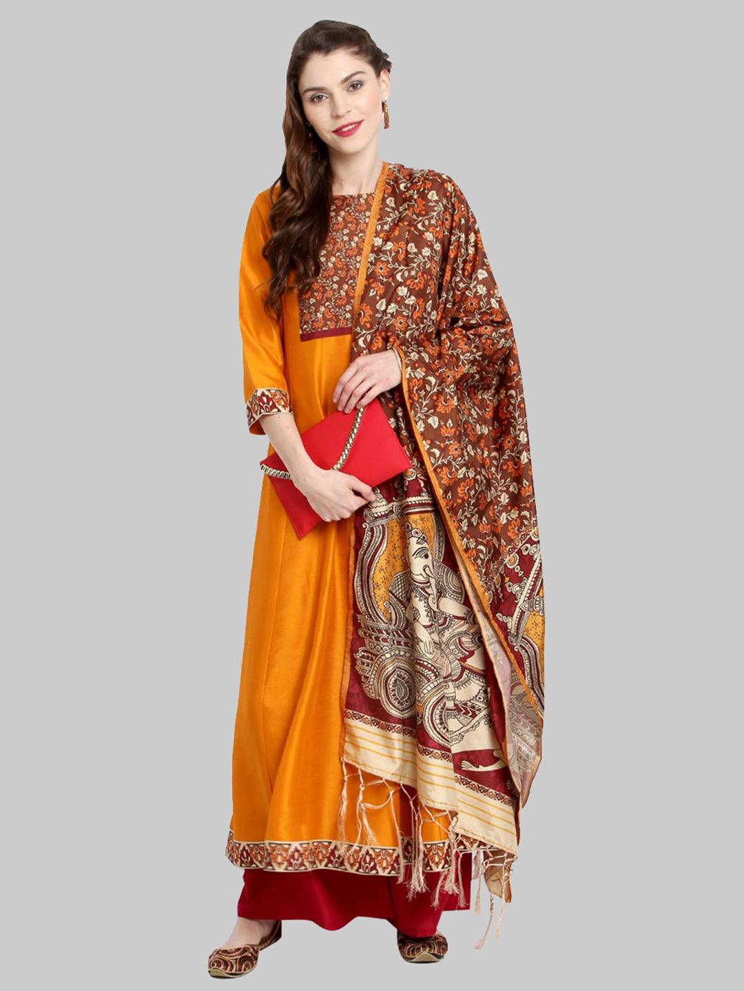 Mustard Digital Print Poly Silk Anarkali Kurti With Dupatta - Znxclothing
