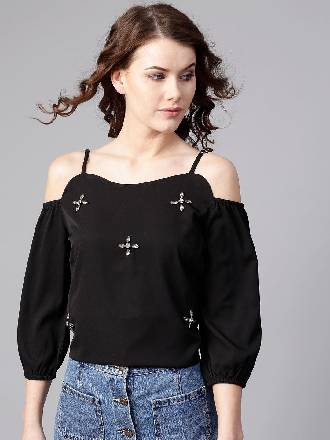 Black Embellished Cold-Shoulder Top - Znxclothing