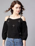 Black Embellished Cold-Shoulder Top - Znxclothing