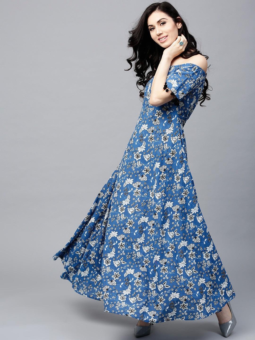 Blue Floral Printed Off-Shoulder Maxi Dress (Fully Stitched) - Znxclothing