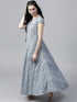 Blue & Green Floral Printed Flared Maxi Dress (Fully Stitched) - Znxclothing