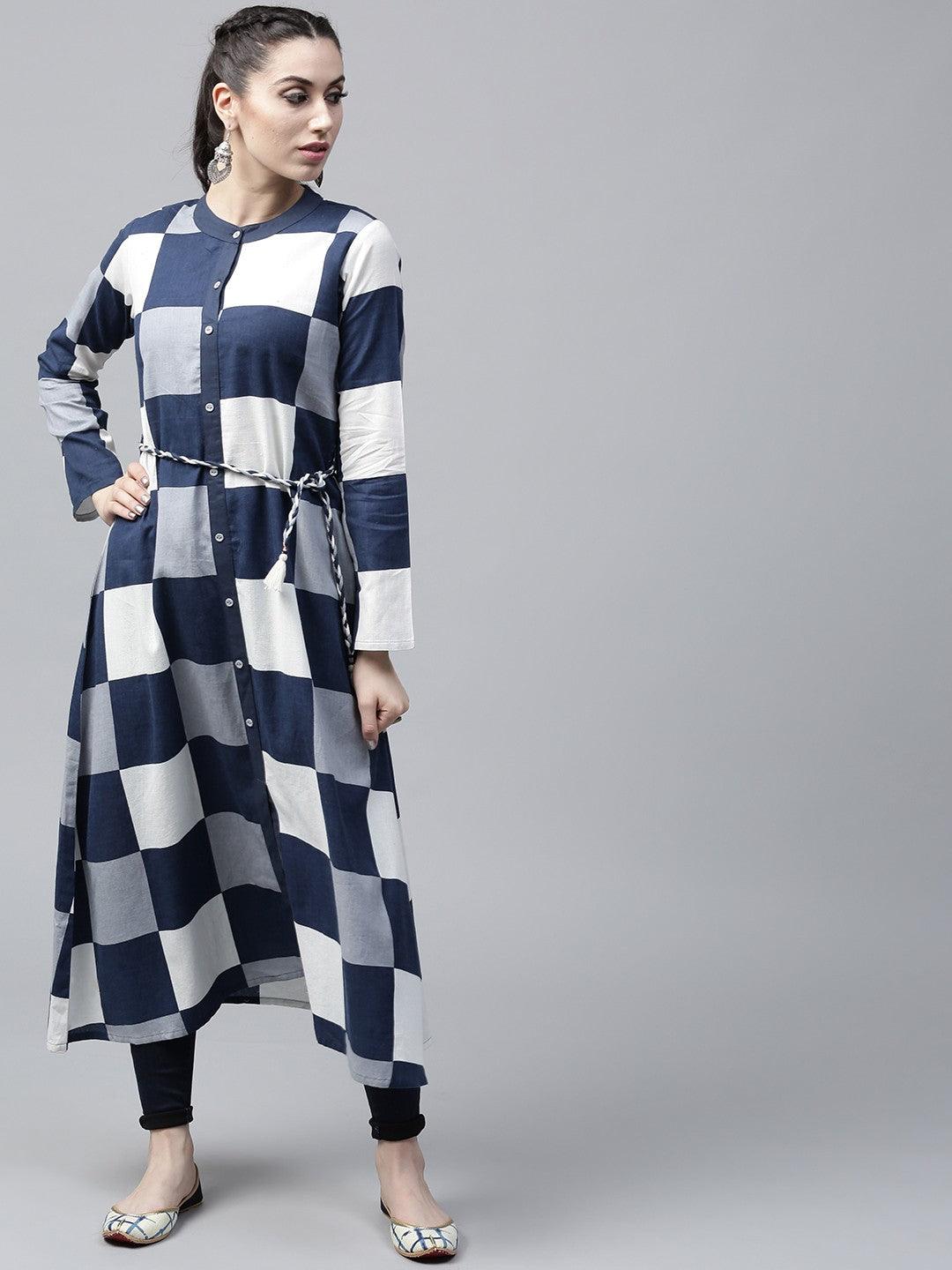 Blue &amp; White Check Printed Button Down Kurta (Fully Stitched) - Znxclothing