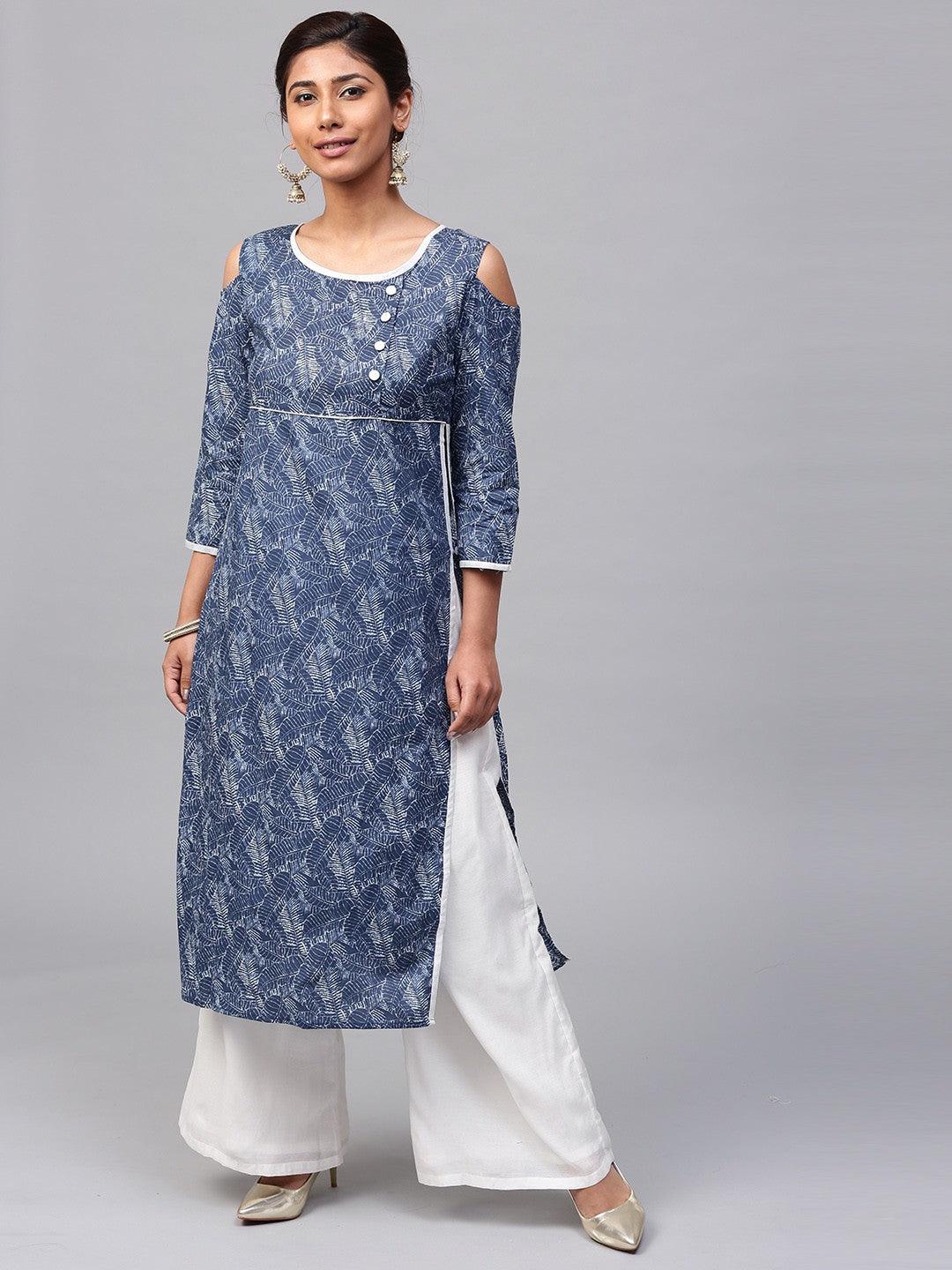 Blue &amp; White Printed Cold Shoulder Kurta (Fully Stitched) - Znxclothing