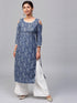 Blue & White Printed Cold Shoulder Kurta (Fully Stitched) - Znxclothing