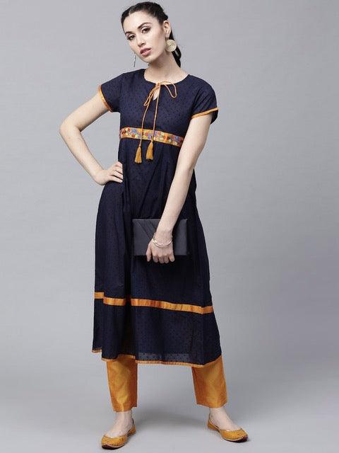 Navy Blue Dobby Woven A-Line Kurta With Embroidered Details (Fully Stitched) - Znxclothing