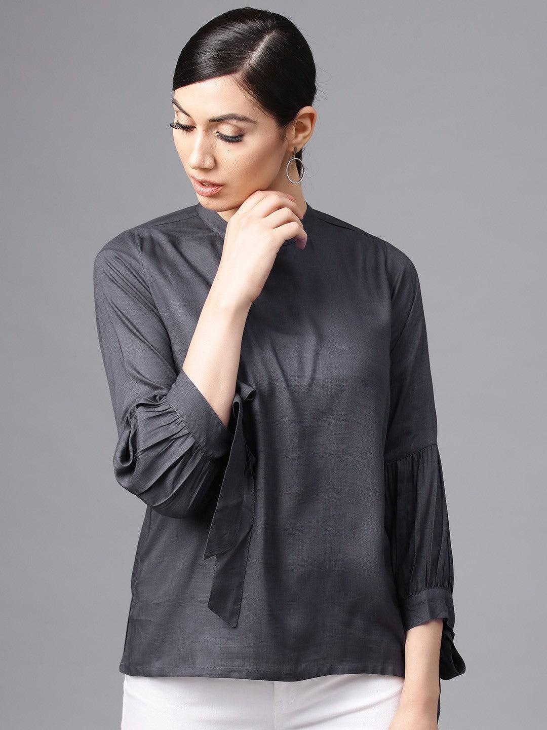 Grey Solid Tunic With Tie-Up Sleeve Details - Znxclothing