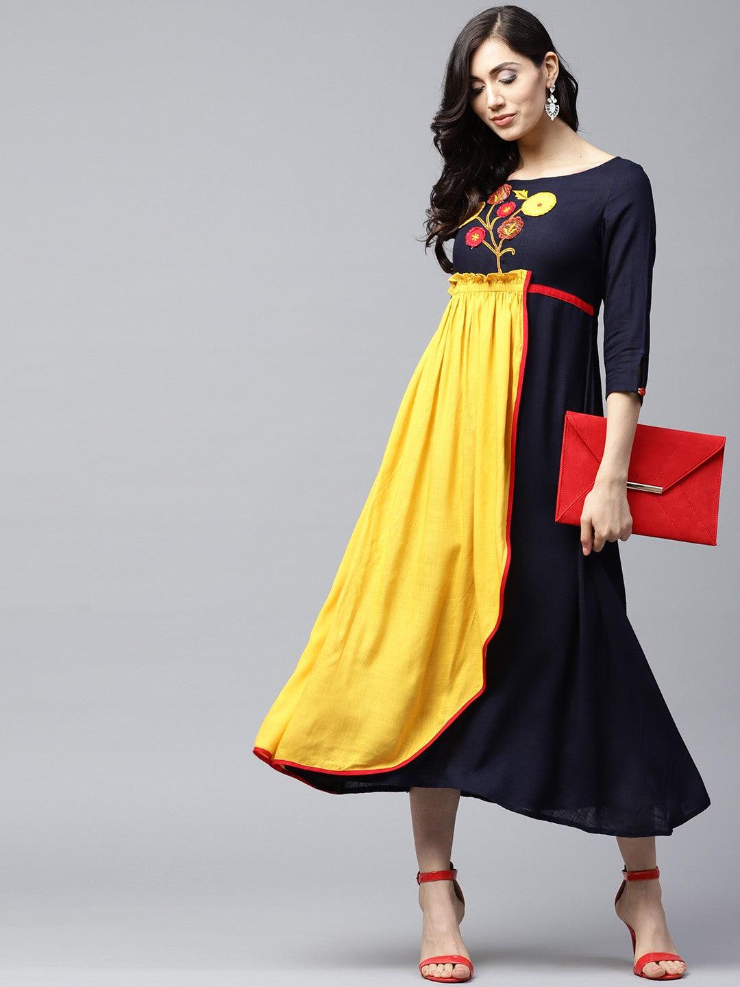 Mustard &amp; Navy Blue Embroidered Layered A-Line Dress (Fully Stitched) - Znxclothing