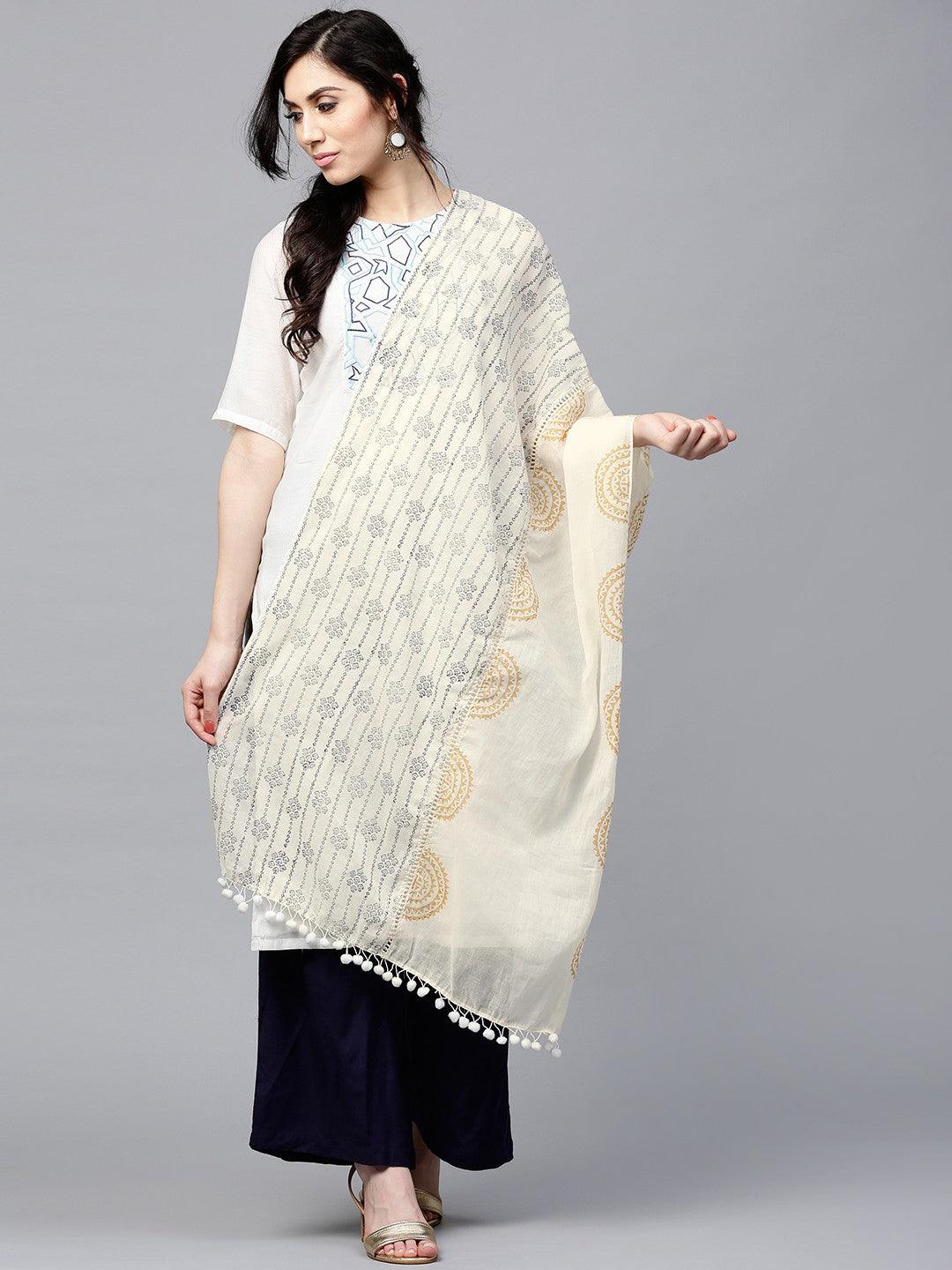 White &amp; Blue Pottery Block Printed Dupatta - Znxclothing