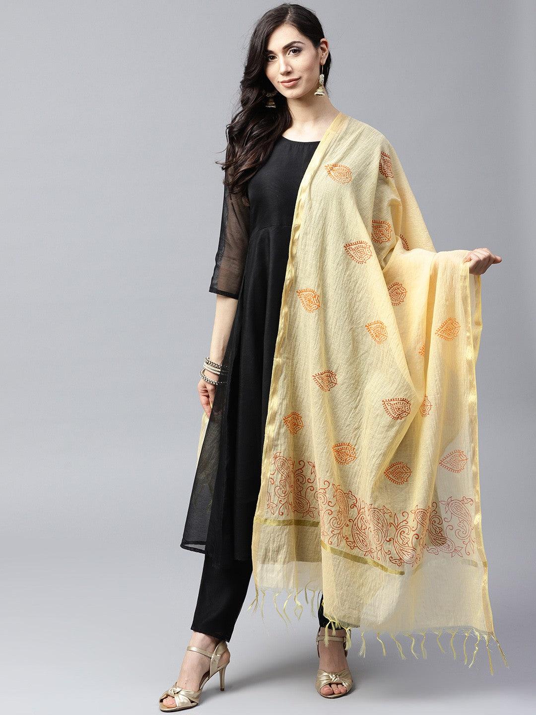 Yellow &amp; Red Hand Block Printed Dupatta - Znxclothing