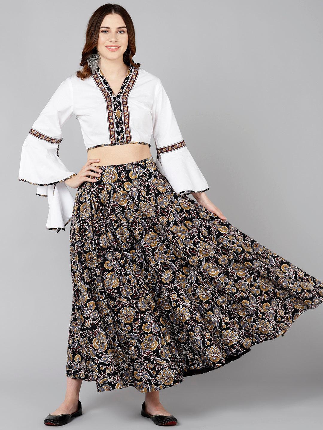 Designer White Crop Top With Floral Printed Skirt - Znxclothing